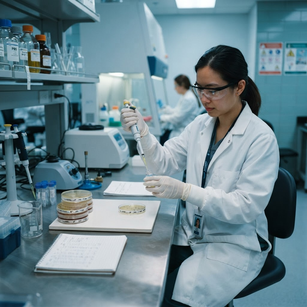 Analista de laboratorio examinando muestras de alimentos